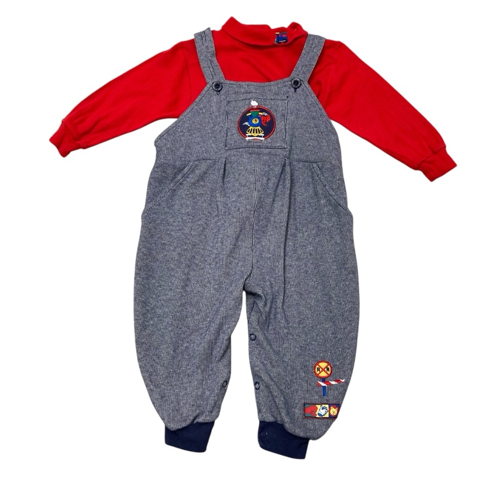 Vintage 90’s Pin Stripe Train Embroidered Overall Set Boys 18M Turtleneck Fall - Picture 1 of 8